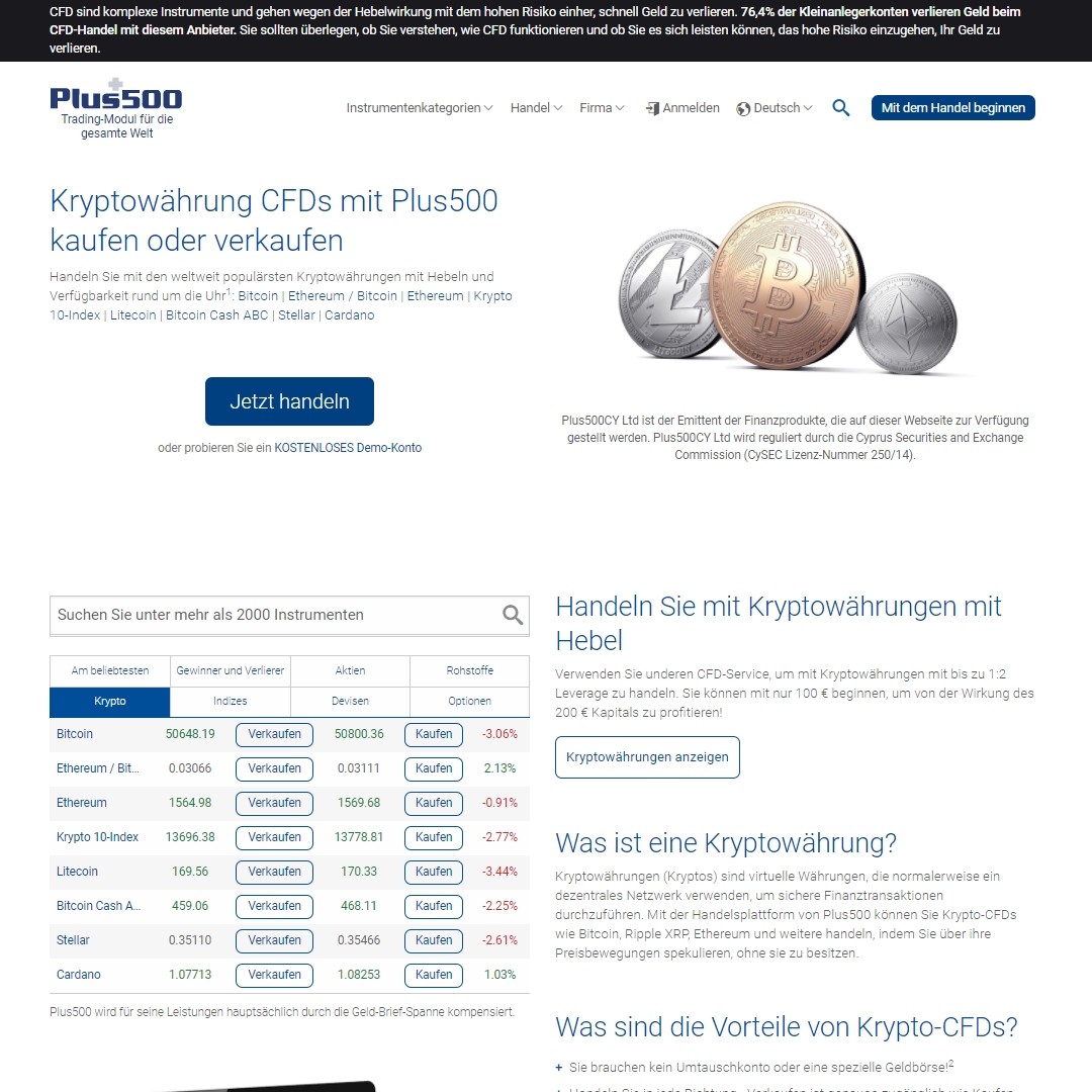 Plus500 Bitcoin homepage