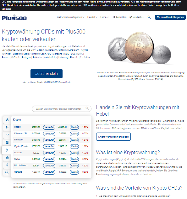 Plus500 Bitcoin homepage